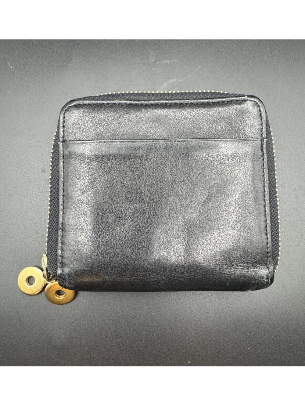 Black Leather Double Zip-Around Compact Wallet Gold Hardware